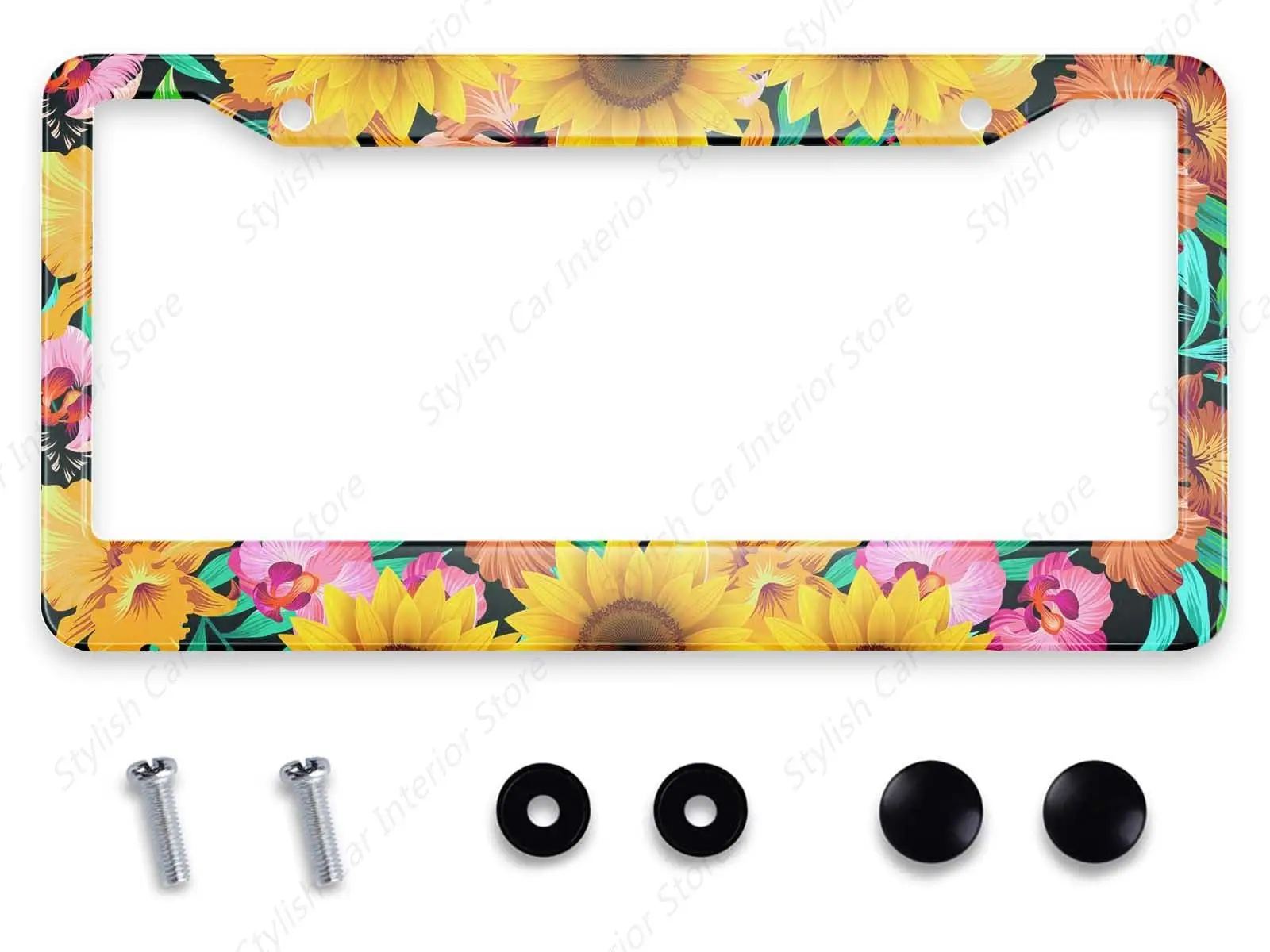 Vintage Sunflowers License Plate Frame Retro Fall Flowers License Plate Holder Maple Leaves Car Tag Frame License Plate