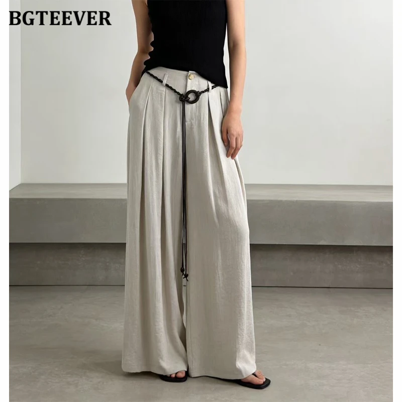 BGTEEVER Women's White Ice Silk Cotton Linen Wide-leg Pants, Summer Thin, High-waisted, Loose-fitting, Floor-length Trouser