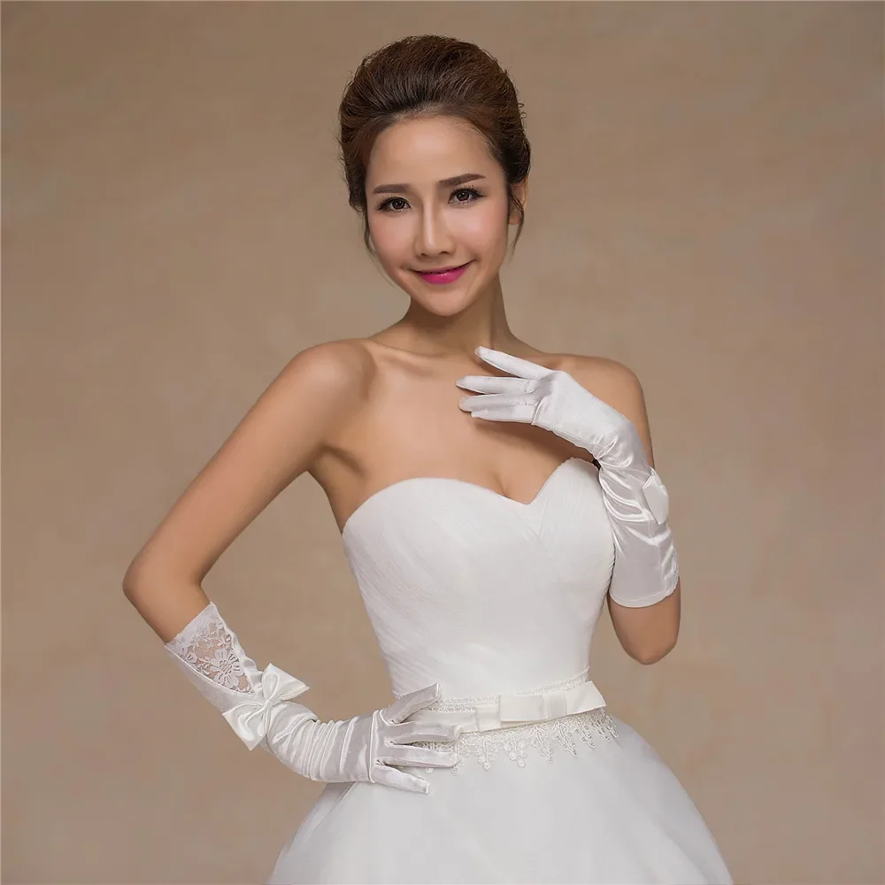 New Arrival Bridal Gloves Elegant Lace Satin Bowknot Gloves Embroider Wedding Accessories Vestido Bridal Cheap Finger Sexy