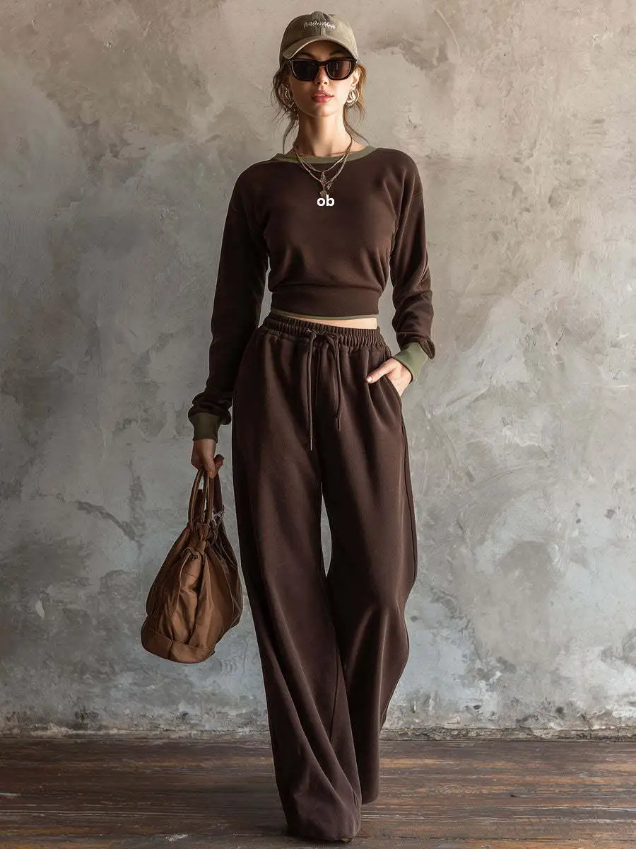 2026 new style winter and autumn casual minimalist sporty versatile short-sleeved pullover and wide-leg pants set