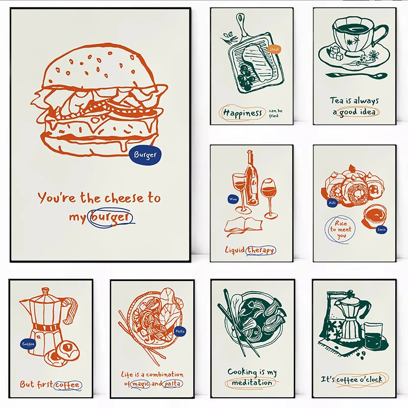 Rice Burger Coffee Wine Tacos Food Fun Quotes Poster Print Abstract Canvas Painting Wall Art Picture for Kitchen Home Decor