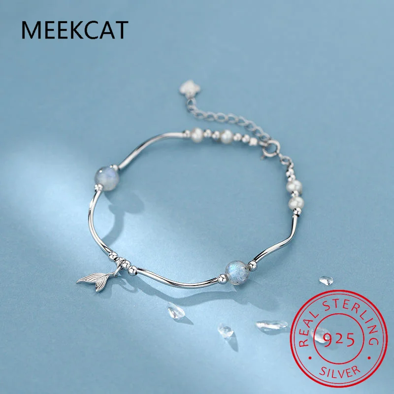 925 Sterling Silver Moonstone Mermaid Tail Bracelet Ins Female Friends Imitation Pearl Bracelet Accessories Wholesale DD-TB04
