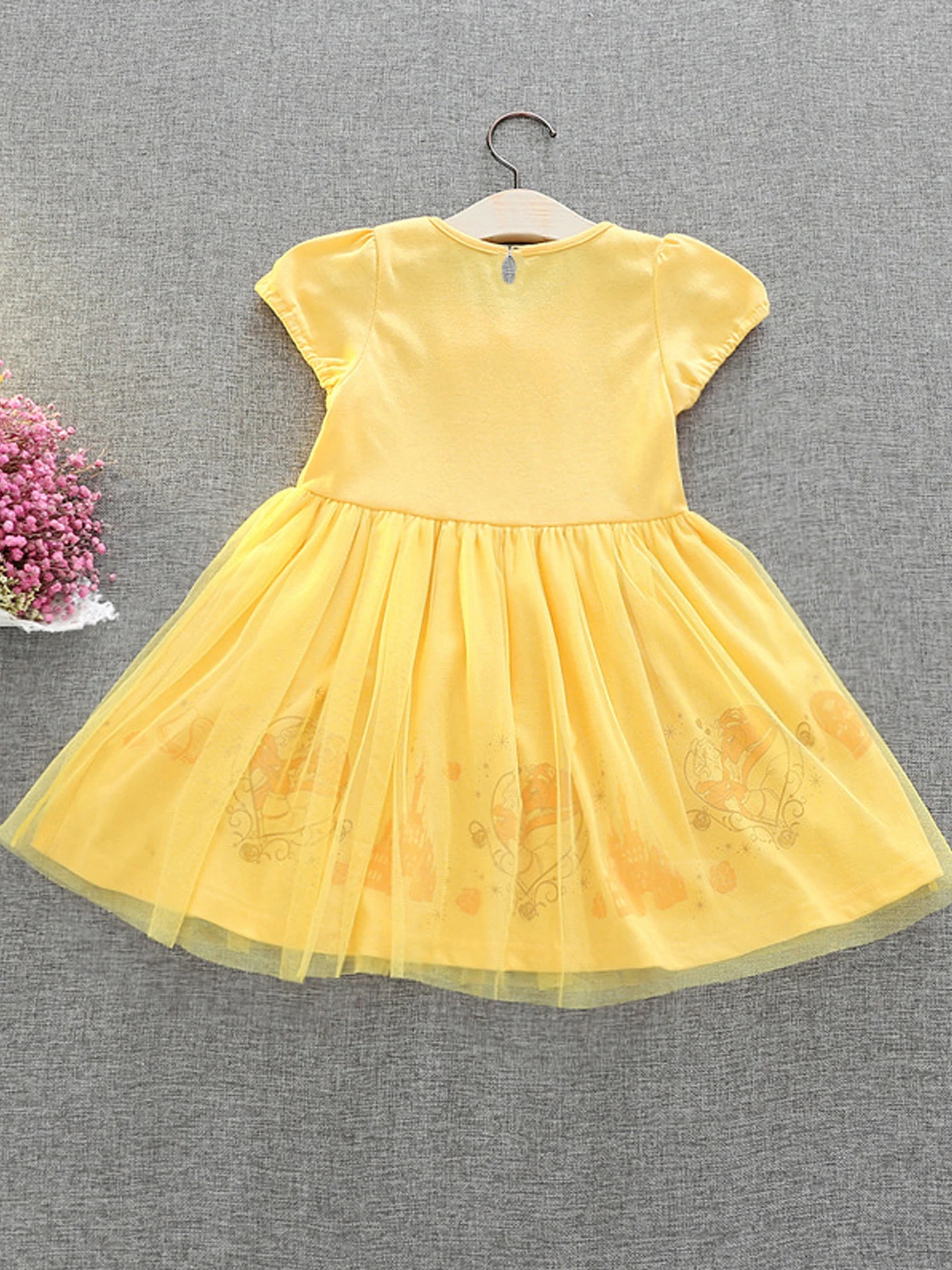 Vibrant yellow princess dress - short sleeves, cute bow decoration, button closure, perfect for girls party occasions and summer