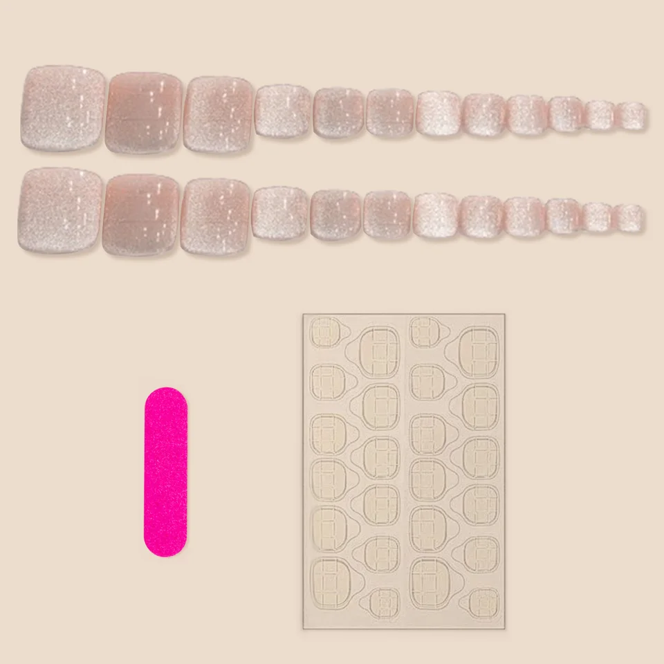 24 piezas de uñas postizas para pies, color rosa nude, efecto ojo de gato, brillantina, cuadradas, de moda para verano 4