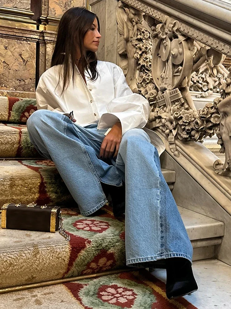 Loose Chiffon Shirt Women White Lapel Lantern Sleeves Single Breasted Irregular Hem Shirts Female 2025 Spring Chic Lady Blouse