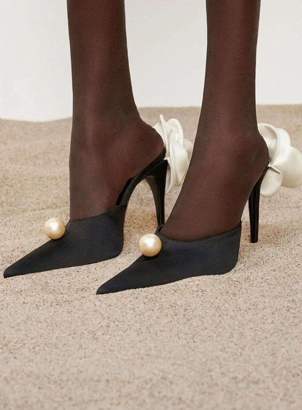 

Elegant Black Satin Slingback Mule Heels White Fabric Flower Pearl Accents Toe Stiletto Heel Pointed Toe Evening Formal Looks