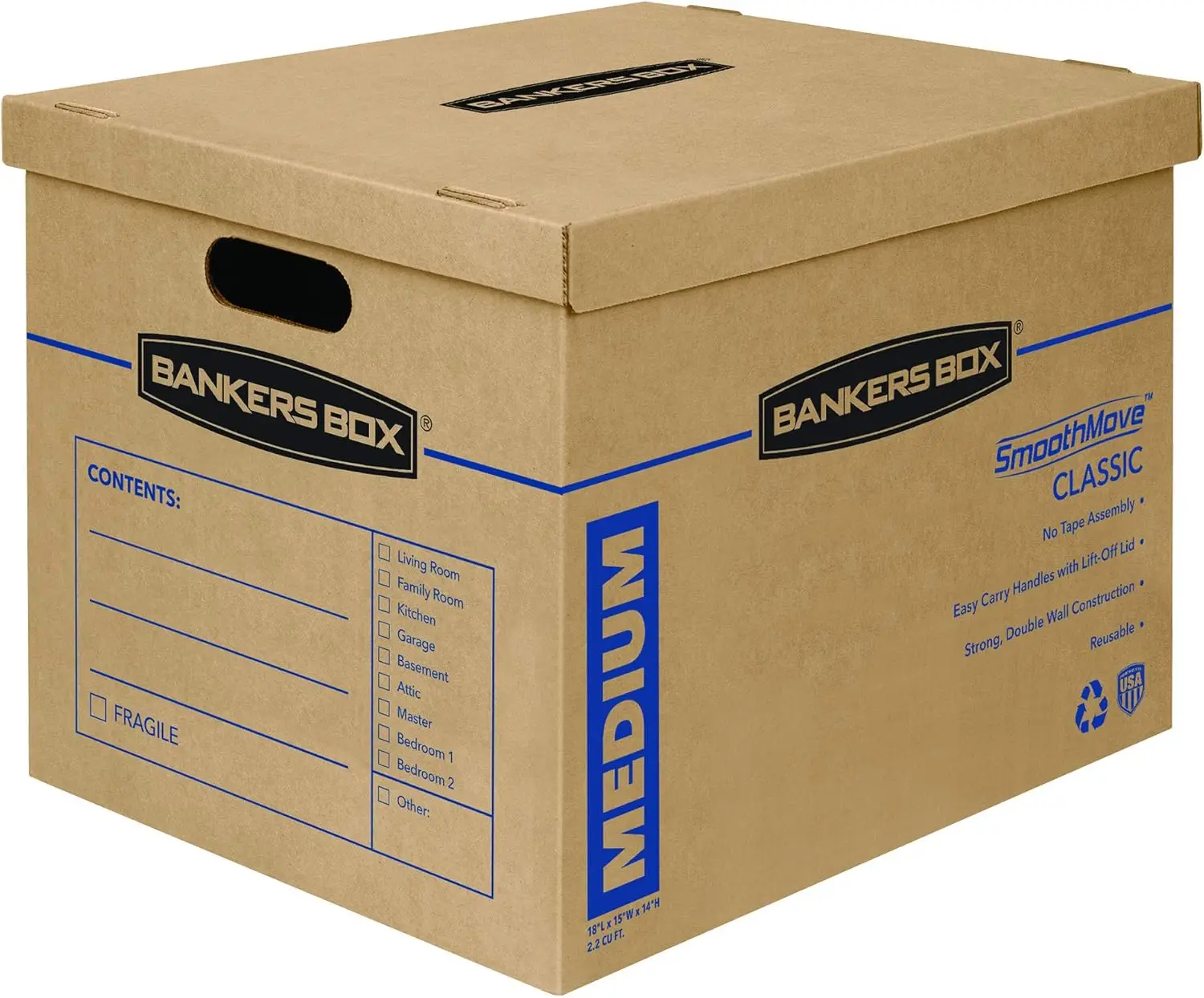 

Medium Moving Box 10 Pack, Tape-Free Assembly, Reinforced Handles, Lid Included, 19x14.5x15.5 Inches