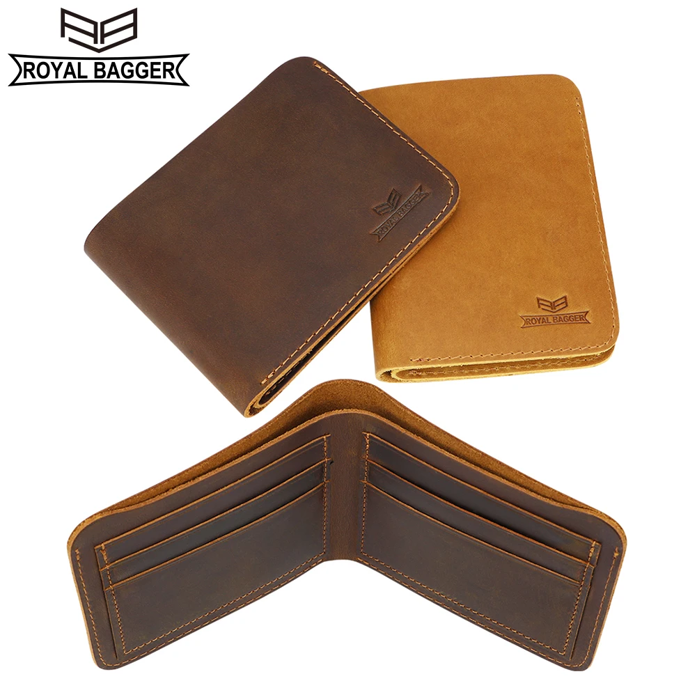 Royal Bagger Vintage Short Wallets for Men Genuine Cowhide Crazy Horse Leather Card Holder Simple Thin Bifold Wallet Purse 1446