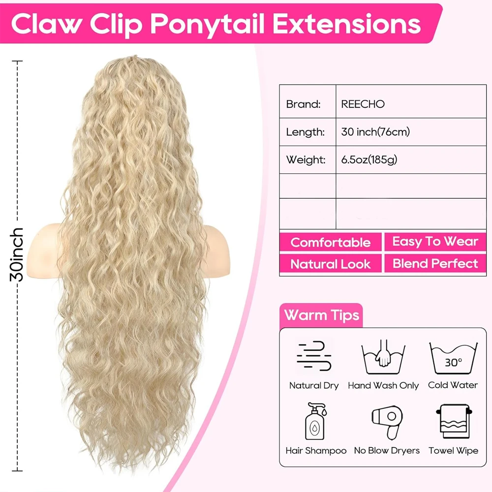 30 Inch Claw Clip in Hair Extensions, Hold Securely Tangle-Free,Long Wavy Natural Looking Synthetic Pony Tails for Daily Use