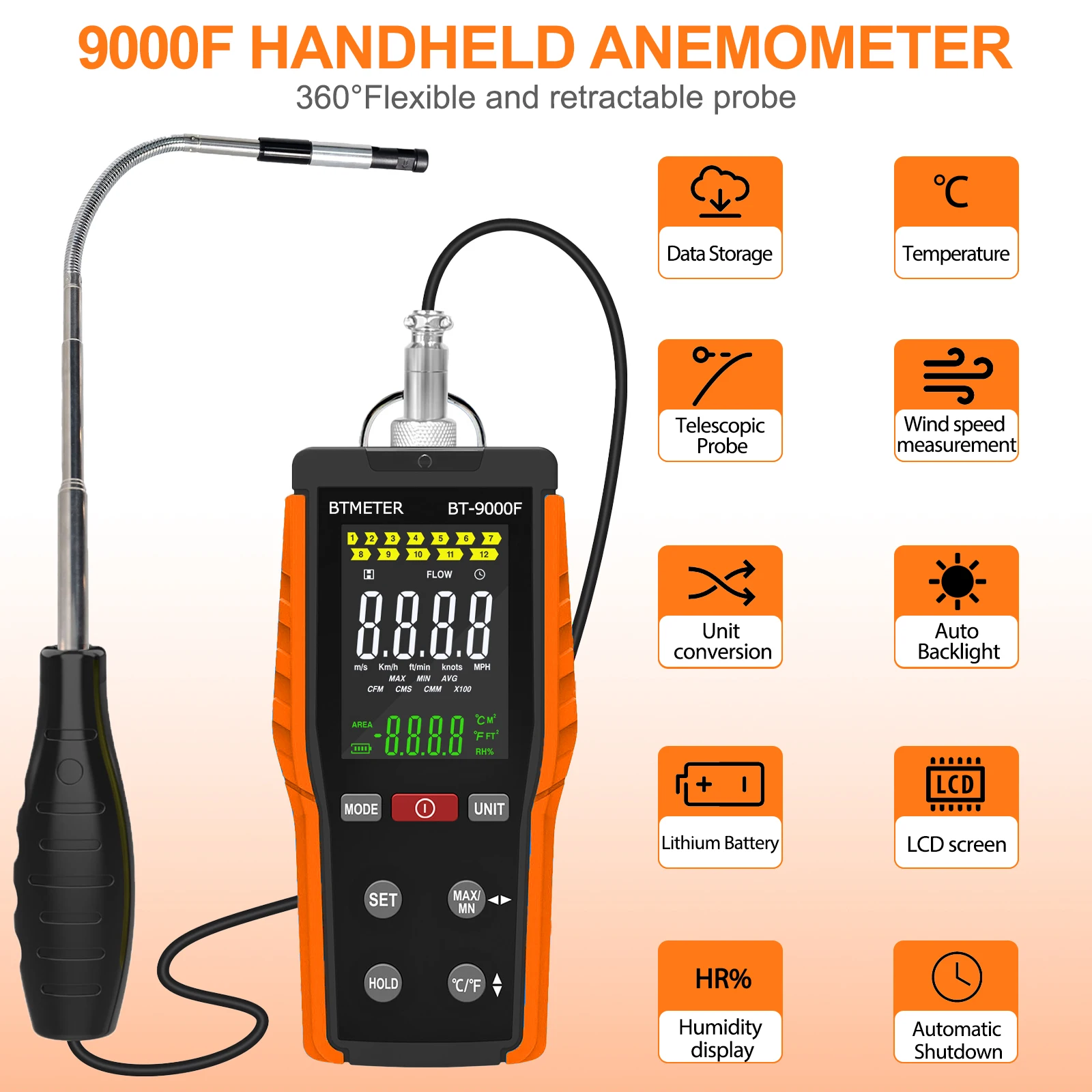 

2025 New Model BT-9000F Handheld Anemometer Wind Speed Meter, Adopt Thermal Sensor, Capable of Measuring Minimum Wind Speed