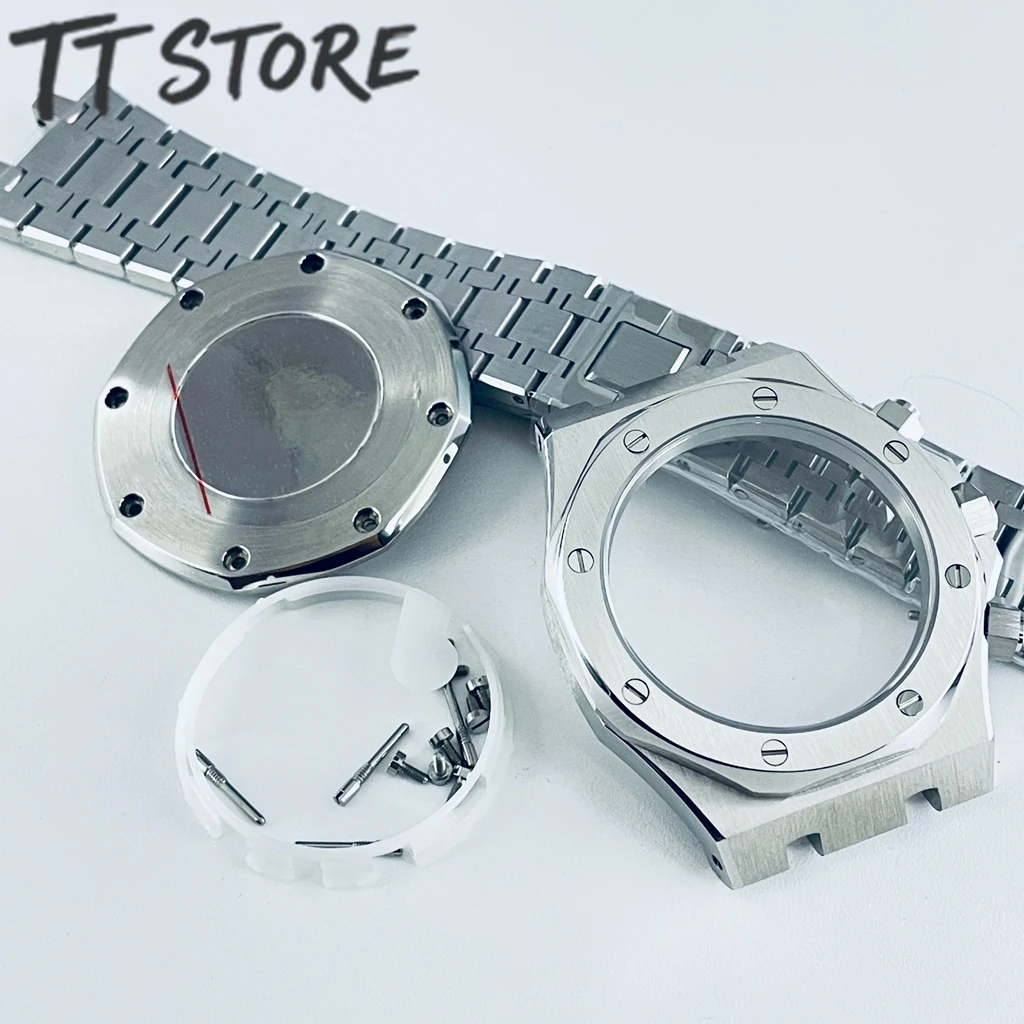 41mm 316L Stainless Steel Watch Case Kit With Steel Bracelet, Fit VK63 Quartz Movement, Sapphire Glass Screw Back Cover Watch