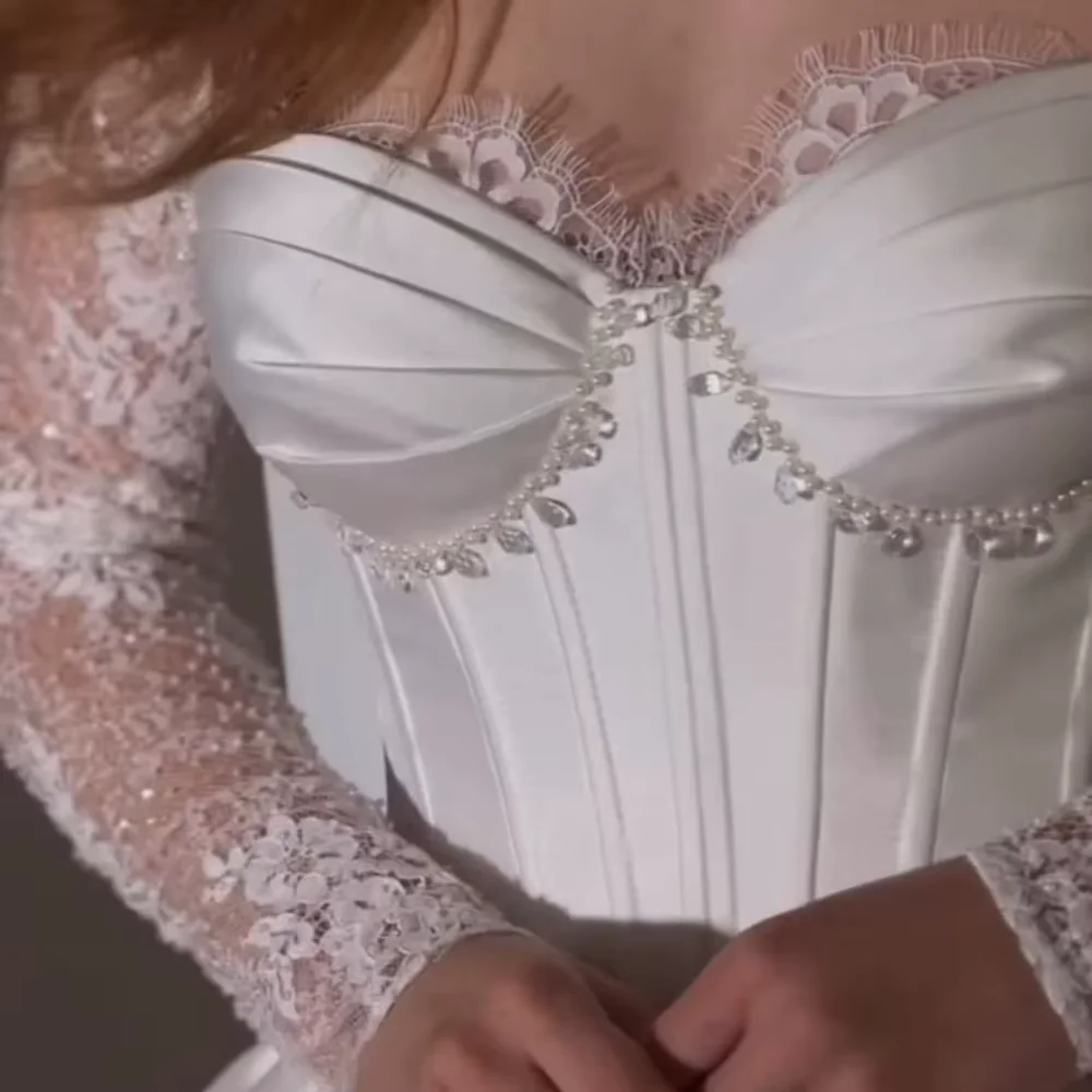 Romantische op maat gemaakte lieverd a-lijn lange mouwen satijnen trouwjurken off-shoulder bruidjurken voor dames vestido de noiva