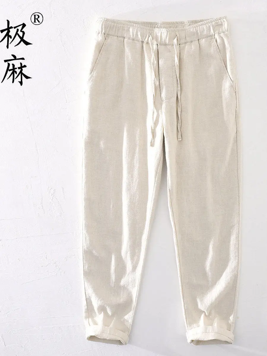 

Повседневные мужские брюки из хлопка и льна свободного кроя с прямыми штанинами, на шнурке, универсальные летние длинные брюки с низкой посадкой, весенние