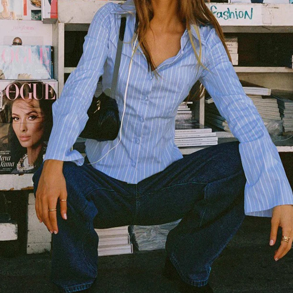 Camicie da lavoro a maniche lunghe con bottoni autunno y2k da donna Camicetta slim fit con stampa a righe Camicie coquette estetiche vintage anni '00 Streetwear