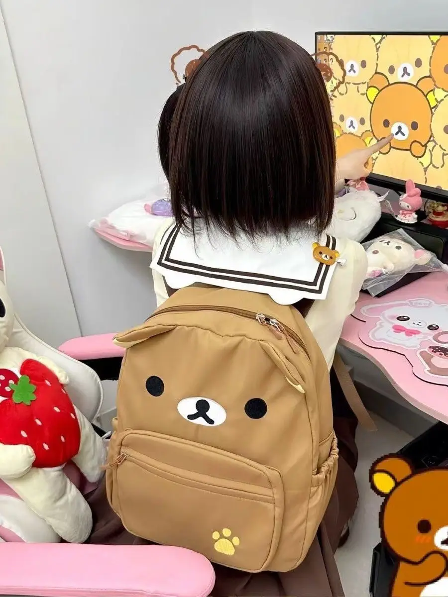 Niedliche braune Leinwand Easy Bear Bapa Large Capaci Student Soft Sister Double Oulder Bag Japanese Sle Nianhua Nylon Mate...