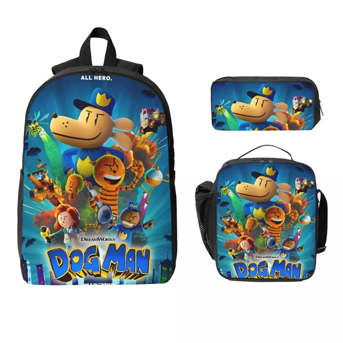 

3Pcs Dog Man Backpack Set for Girls Boys Pencil Boxes Bookbag Sets with Lunch Box For School Students Daypack