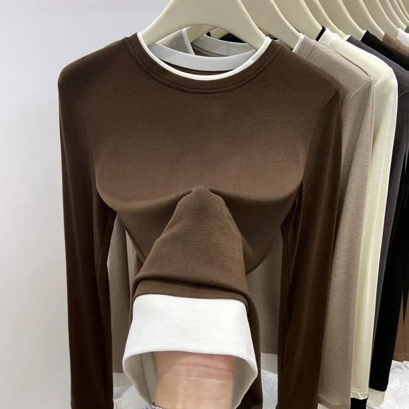 2026 Fake Two-Piece Long-Sleeved Women's T-Shirt Stacked Splicing Contrasting Color Inner Top Bottoming Women T-Shirt