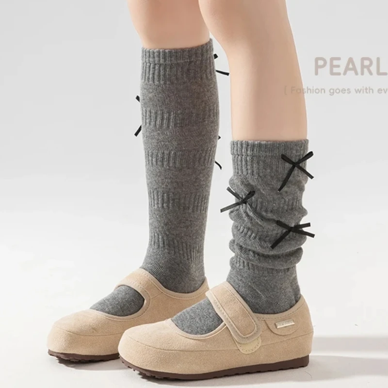 Spring Autumn Children Princess Style Knee‑High Socks With Multiple Small Black Ribbon Bows Anti‑Pilling Stretchy Stacked Socks