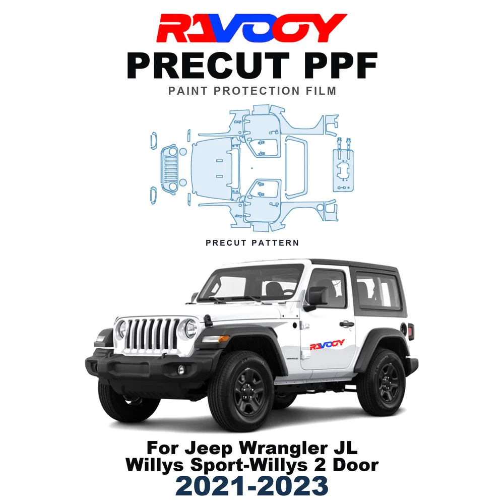 Precut PPF For Jeep Wrangler JL Willys Sport-Willys 2 Door 2021-2023 8.5mil TPU Paint Protection Film Hood Bonnet Bumper Fenders