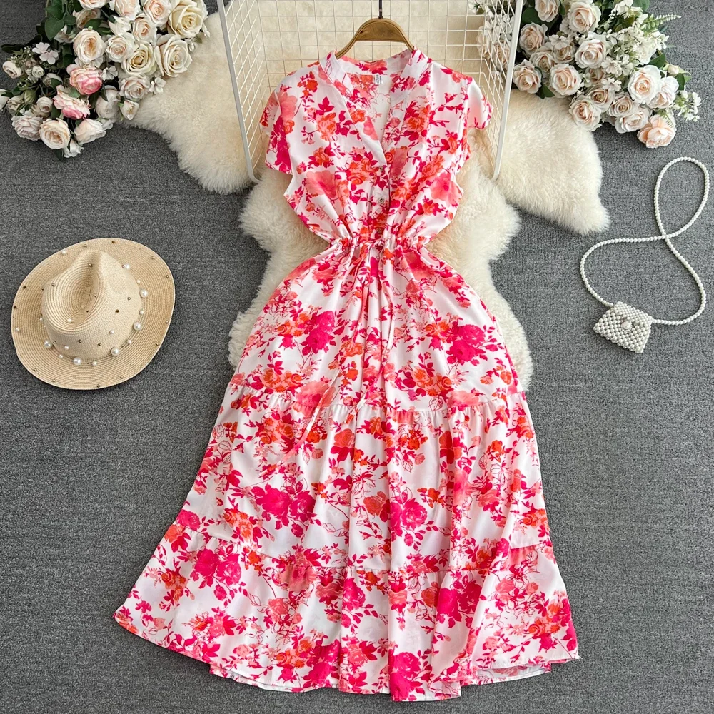 2026 Summer Women Floral Midi Dress Vintage V-Neck Ruffle Hem Elegant Single Breasted Vestidos Female Vacation Beach Robe New