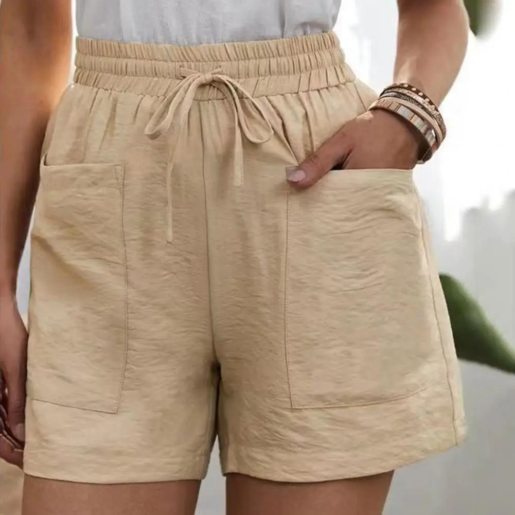 Women Casual Shorts Breathable Elastic Waist Drawstring Solid Color High Waisted Pockets Ladies Summer Sport Short Pants Trouser