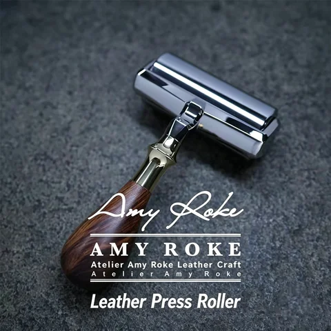 AMYROKE Leather Craft Roller 316SS CNC Mirror Bubinga Handle 85x96mm 165mm Chrome Roller Bearing Laminating DIY Tool