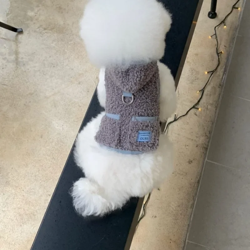 Plush Dog Clothes Warm Coat Winter with Towing Hooded Lamb Wool Vest Cotton Coat Teddy Bear Teddy Bear Small Dog Clothing