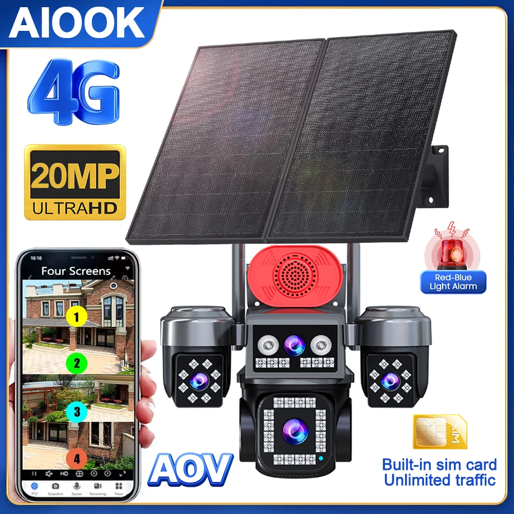 

AIOOK Built-in SIM Card 4G Solar Camera 4-Lens 20MP 28000mAh Battery Night Vision IP CCTV IP66 Waterproof AOV Solar Camera