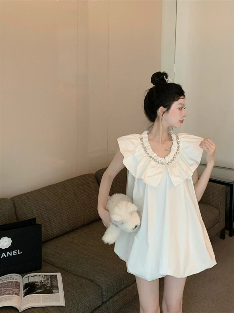 Robe de poupée de luxe à col Lotus clouté en diamant pour femme, mignonne, sans manches, ample, bourgeon, nouvelle collection été, robes courtes décontractées