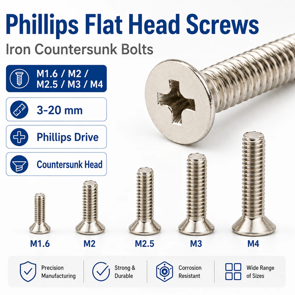 50/100Pcs Protective Coating Fasteners, Iron Phillips Flat Head Machine Screws M1.6-M4, Cross Recessed Countersunk Bolts