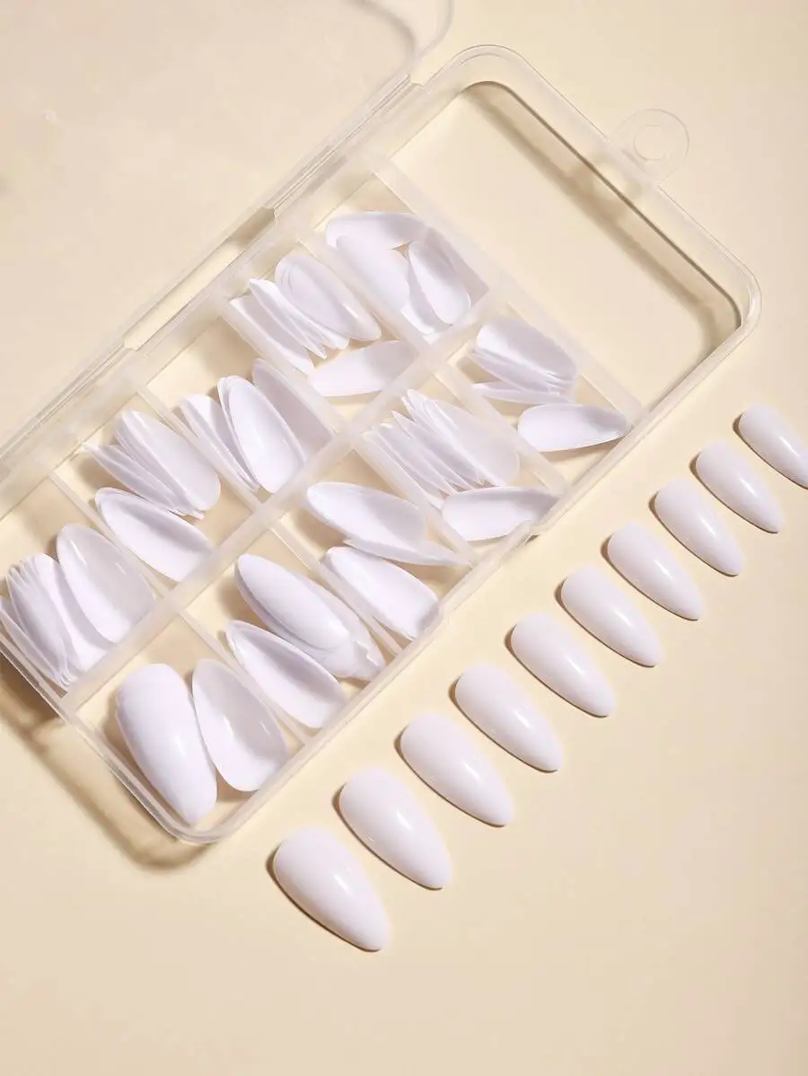 Transform Your Nails With100pcs A Box Of White Mid-Length Almond False Nail Patches For Women & Girls Press On Nails Nail Suppli
