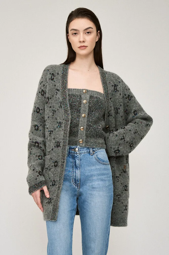 

Glittering Korean Sle Knitted Cardigan Women's Premium Sequin Embroidery Crop Top plus Knitted Outerwear