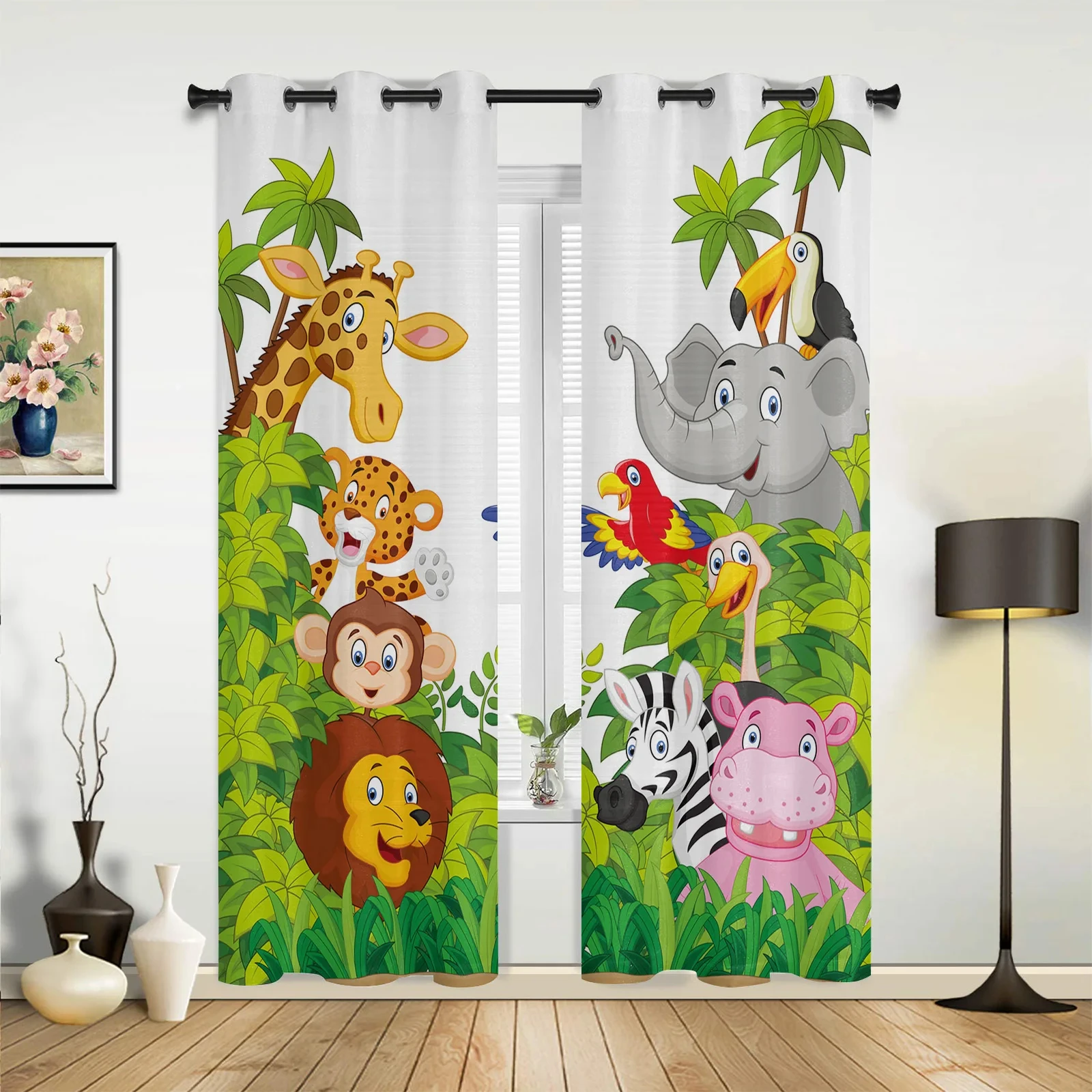 

2Pcs Cartoon Safari Animals Jungle Forest Window Curtains Blinds For Living Room Kids Bedroom Bathroom Kicthen Door Home Decor