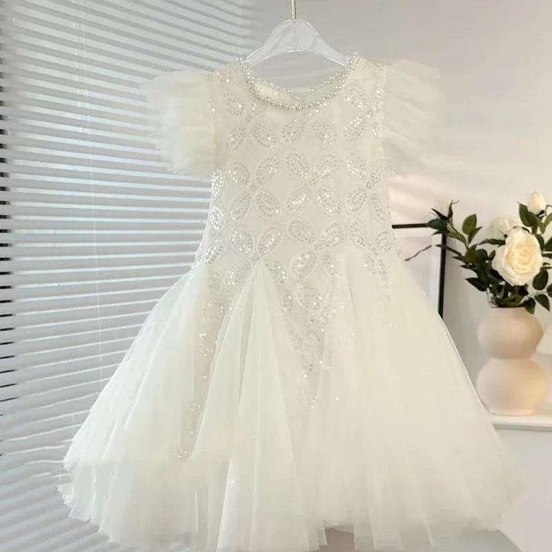 Princess Kids Sweet Fashion Dress Holiday  2-10T Top Quality 2025 New Baby Summer Girls Sequined Mesh  Party Dress
