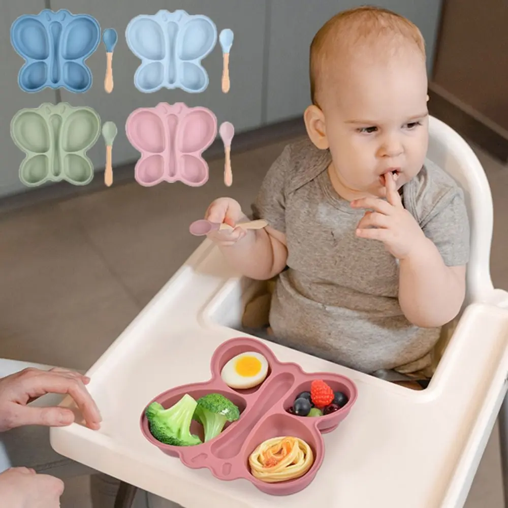

2Pcs/Set Practical Silicone Baby Dining Plate Suction Base With Spoon Sucker Bowl Shape Non-Slip Baby Divided Sectioned Plate