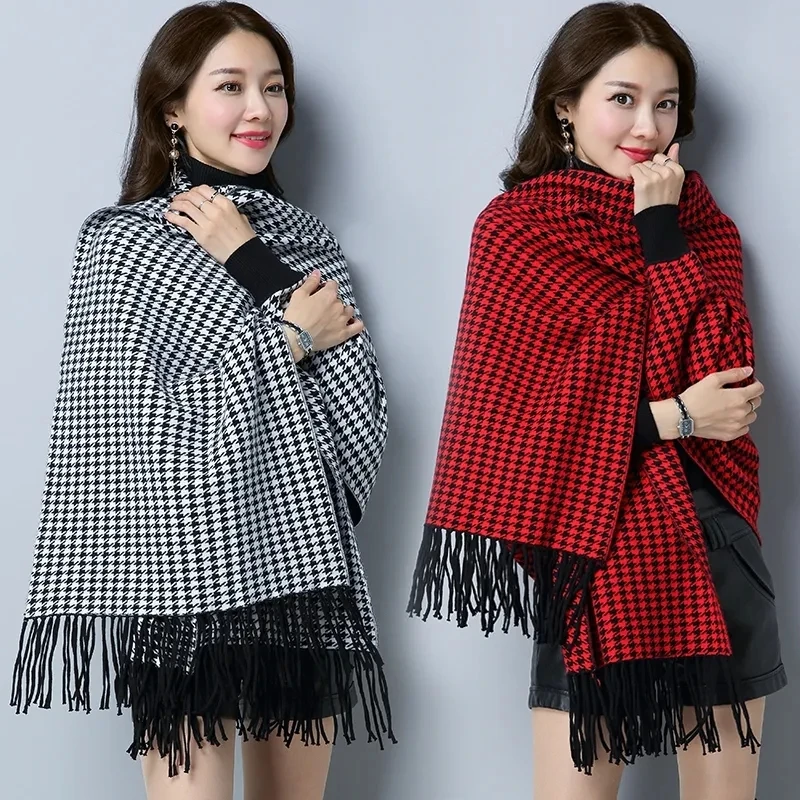 

Knitted Shawl Houndstooth Cardigan Sweater Autumn Winter Clothes Women Tassel Bat Sleeve Scarf Mid-length Coat Cape Femme