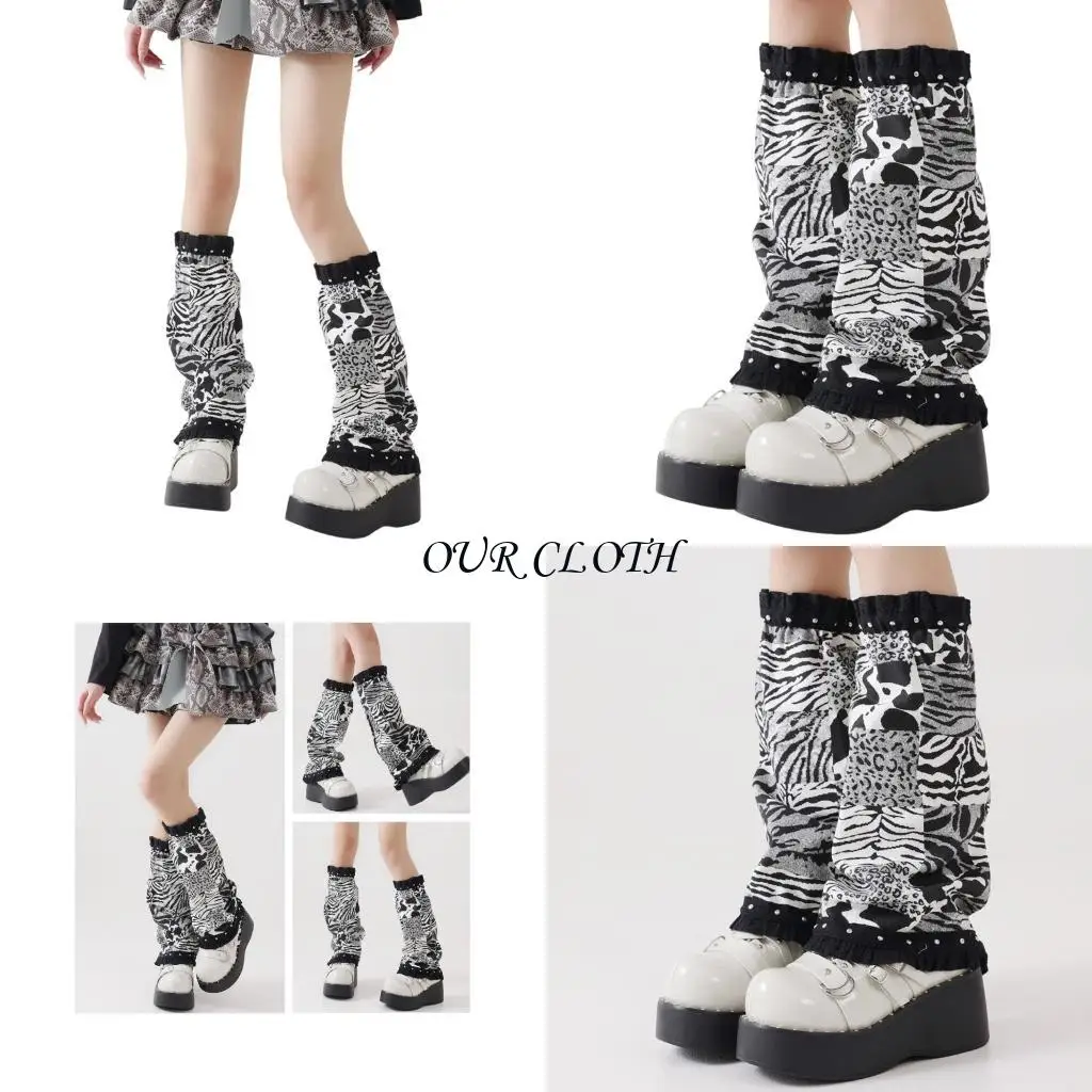 

Women Elastic Leg Cover Leopard Print Patchwork Denims Leg Warmer Footless Socks Y1AC