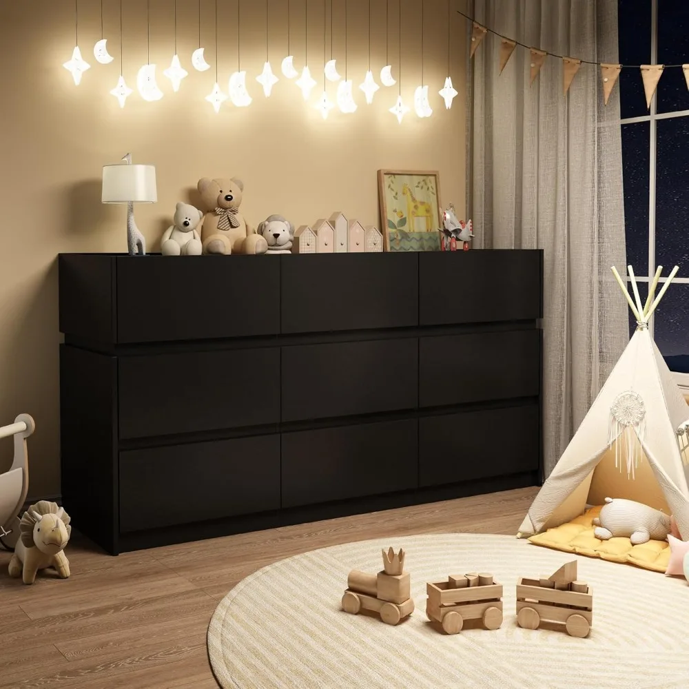 Cômoda preta com 9 gavetas - Organizador de cômoda larga 61,4 com estação de carregamento e luzes LED, cabine moderna com gaveta para suporte de TV