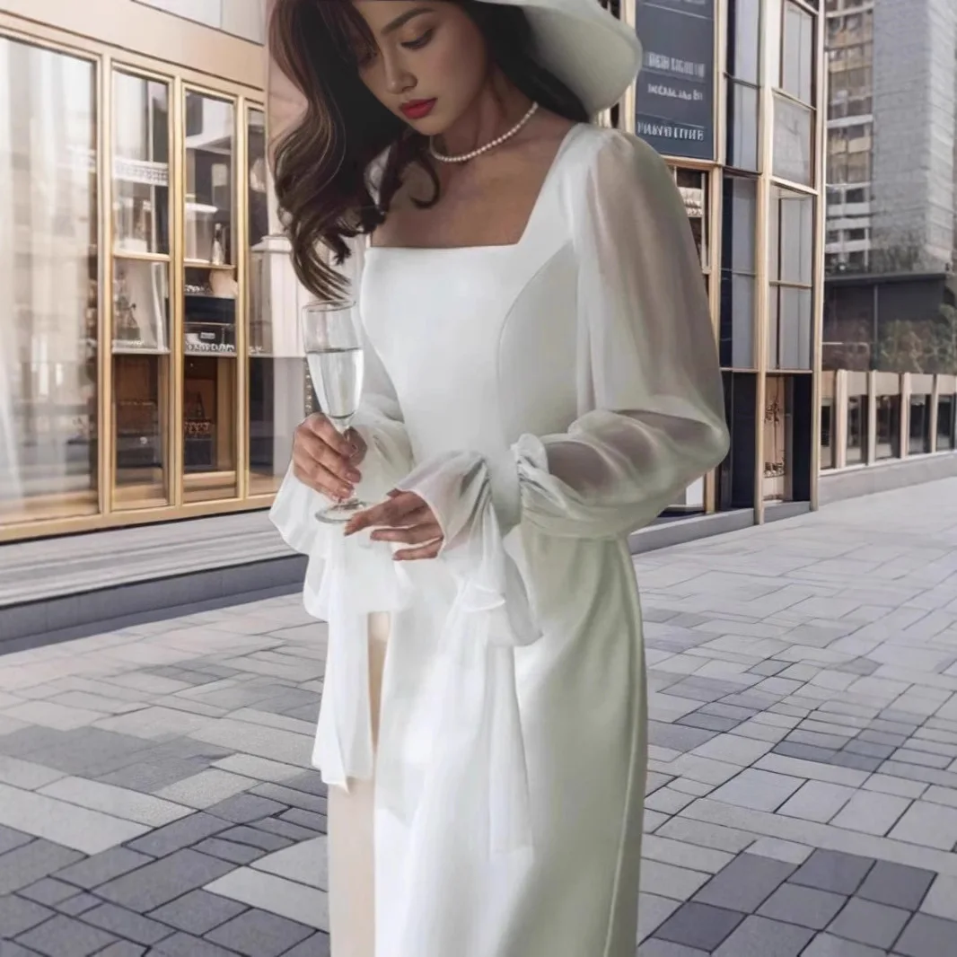 2025年新作 フレンチエレガント スクエアネック メッシュ シアー トランペットスリーブ ウエストシェイプ マーメイドドレス 特別な機会に