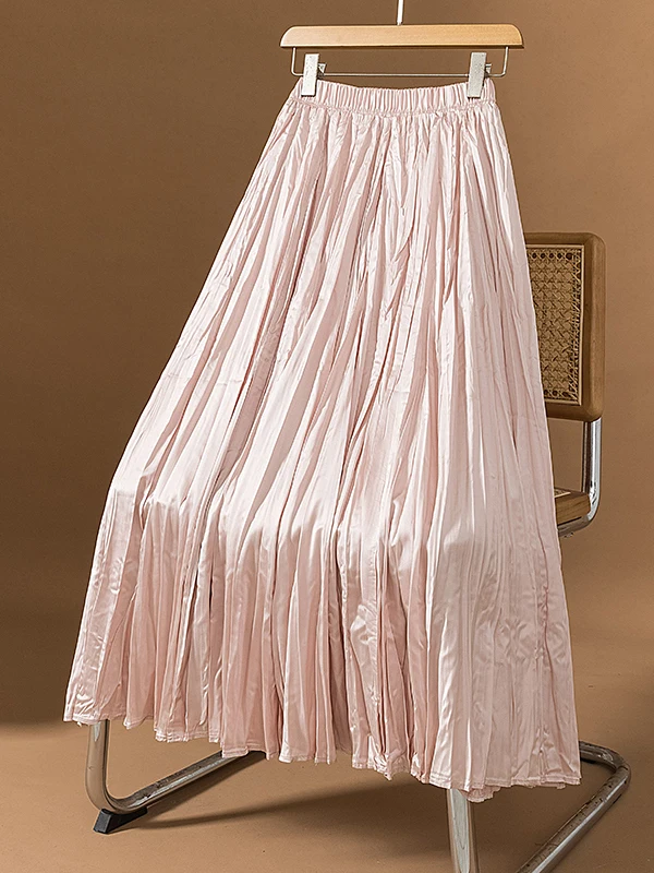 Pink Shiny Midi Skirt Pleated A-Line Loose Fit High Waist Korean Style Commute Large Size plus Size Women Elastic Waist