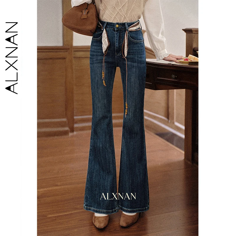 ALXNAN Women Vintage Flare Jeans Printed Scarf Printed Scarf Waist Tie High Waist Slim Female Bootcut Denim Trousers L57012