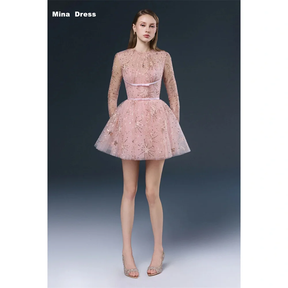 

Mina Customized Pink Beaded Sequin Long Sleeve Tutu Skirt Round Neck Prom Dresses 2026 Luxury Women's Elegant Party Dress Day