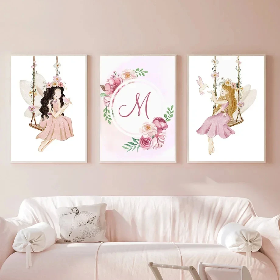 لوحة فنية على القماش ، بجعة وردية ، قوس قزح ، ملاك ، زهرة ، مخصص ، اسم طفل ، روضة أطفال ، طباعة ملصق ، غرفة فتاة ، ديكور منزلي