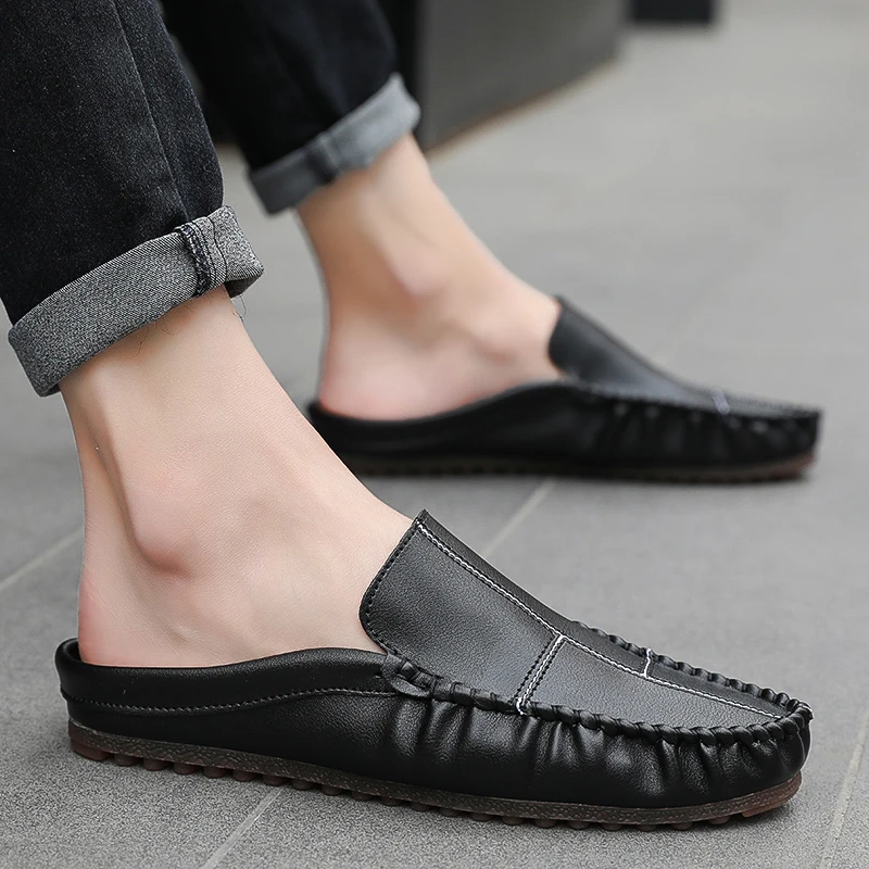 Summer Semi Drag Casual Shoes Mules Sandals Men Loafers Slippers Peas Shoes Slip On Flats Man Slides Easy To Put On And Take Off