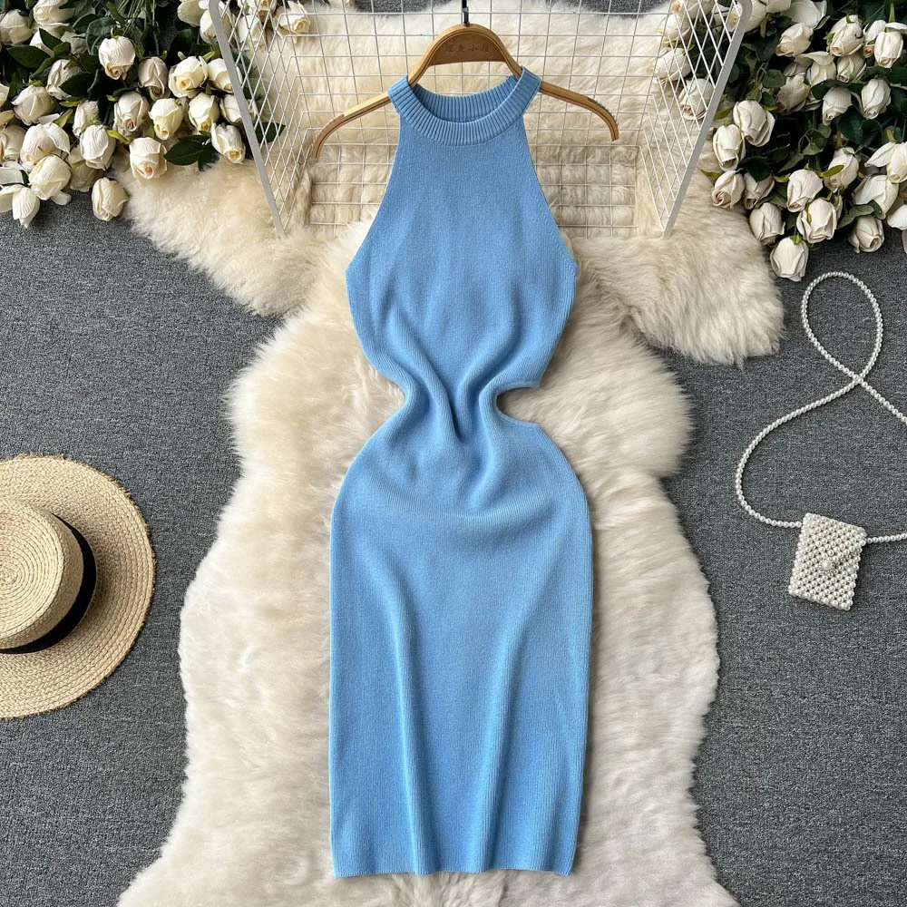 YuooMuoo Women Dress Sexy Hollow Out Waist Wrap Hips Knitted Mini Dress Women Sleeveless Slim Elastic Bodycon Summer Dress