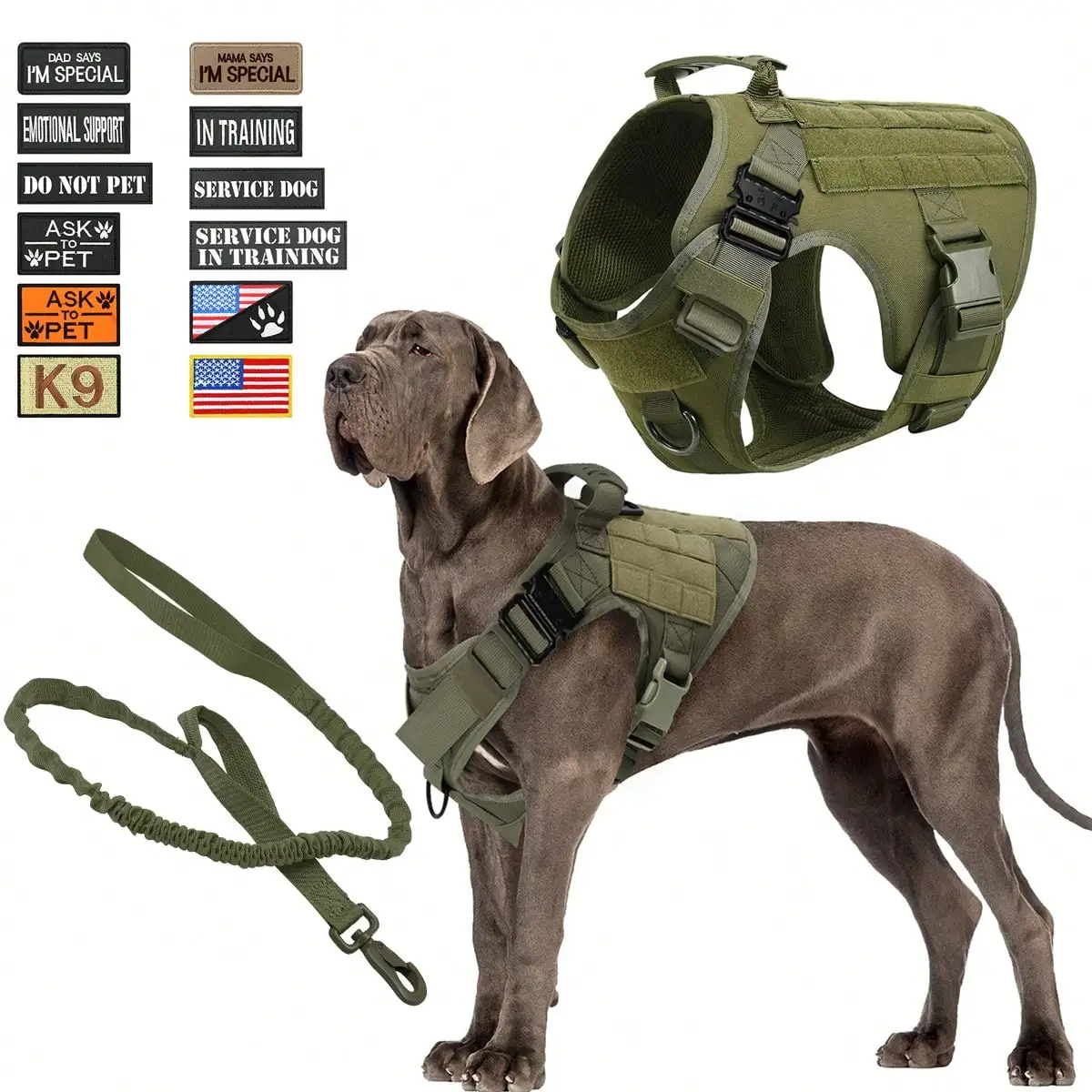 

Waterproof Tactical Dog Harness Leash 12Pcs Patches No Pull Vest Set For Large Dogs Outdoor