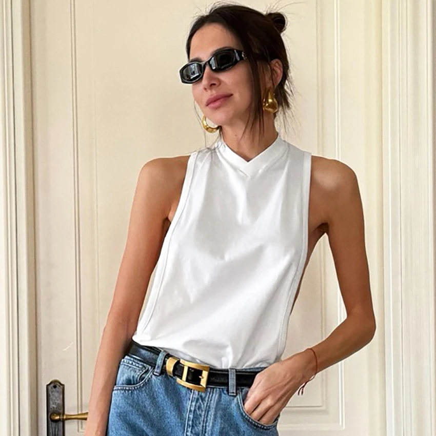 White Casual Knitted Elastic Women'S Tank Top Sleeveless High Neck Side Cutout Vest Loose Fit Solid Color Relaxed Hem Tops 2026