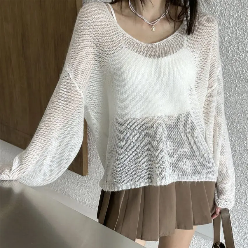 

Wool Soft and Glutinous Mohair Spring and Autumn Top With V-neck Thin Style Slightly Transparent Lazy Sweater Knitted Sweater