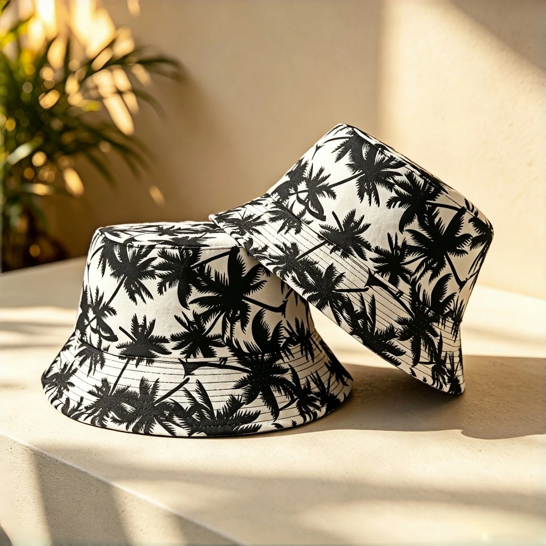 Tropical Palm Tree Print Bucket Hat for Men Women Beige Black Coconut Pattern Fisherman Cap Lightweight Foldable Beach Sun Hat O