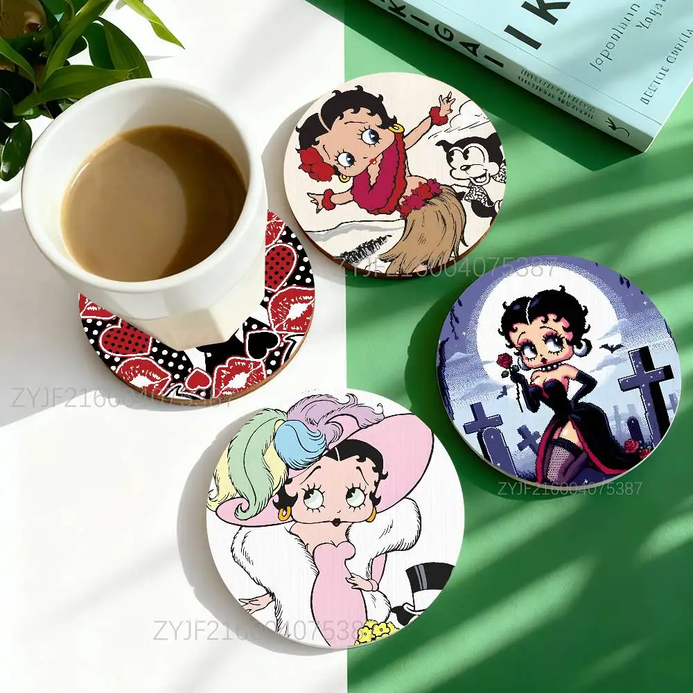 B-BettyS Doll B-Boop-y-es Pattern Art Coasters Round Wooden Heat Resistant Non-Slip Home Decor Gift Multifunctional